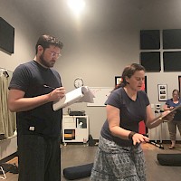 Jacquelyn Lies (Director) gets hands on with Casey Jones (Macbeth) during rehearsal. Photo credit: Liegh Toland